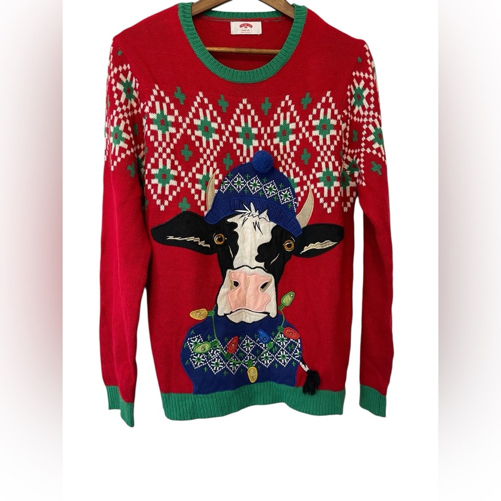 Unisex Holiday Time Ugly Christmas Sweater Cow Fair Isle Light Up Size M Country